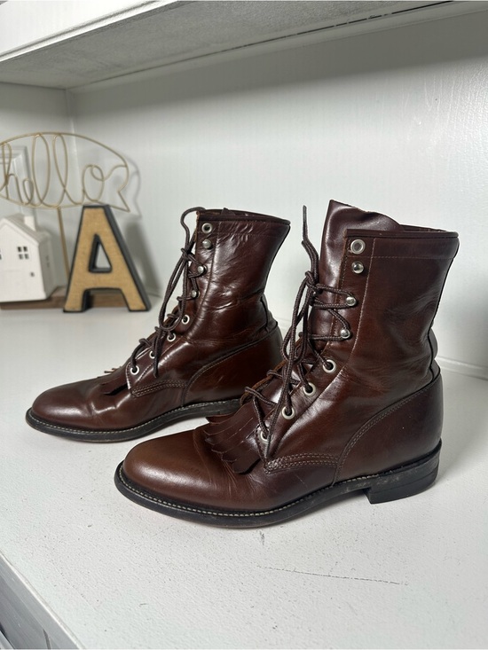 Justin Boots Shoes - Vintage Justin Lace Up Kiltie Boots Women's 6B Made in USA Brown Leather Roper